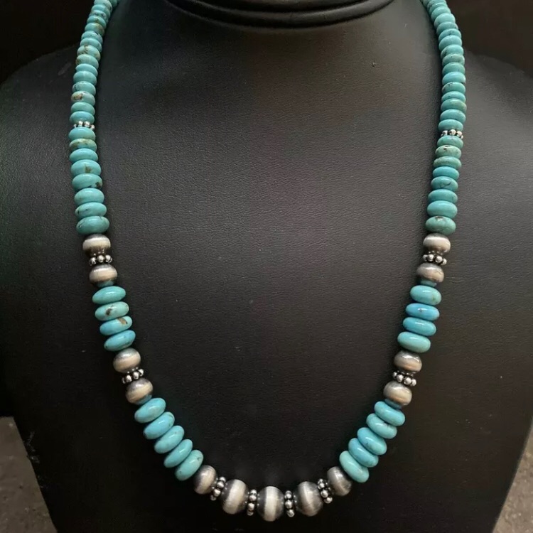 Sterling Silver Turquoise Bead Necklace. 18 Inch